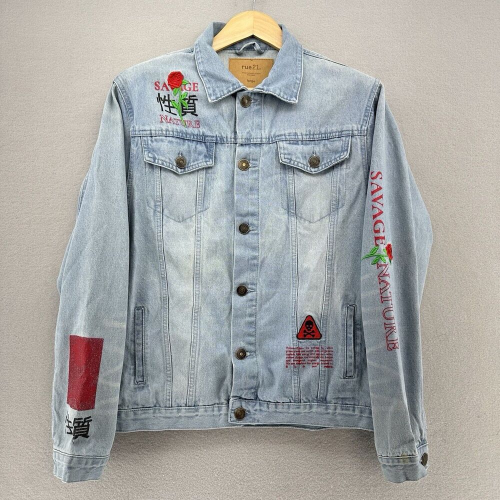 SAVAGE NATURE Appliqué RUE 21 Embellished Denim Jacket SZ L Punk Retro Indie SK8